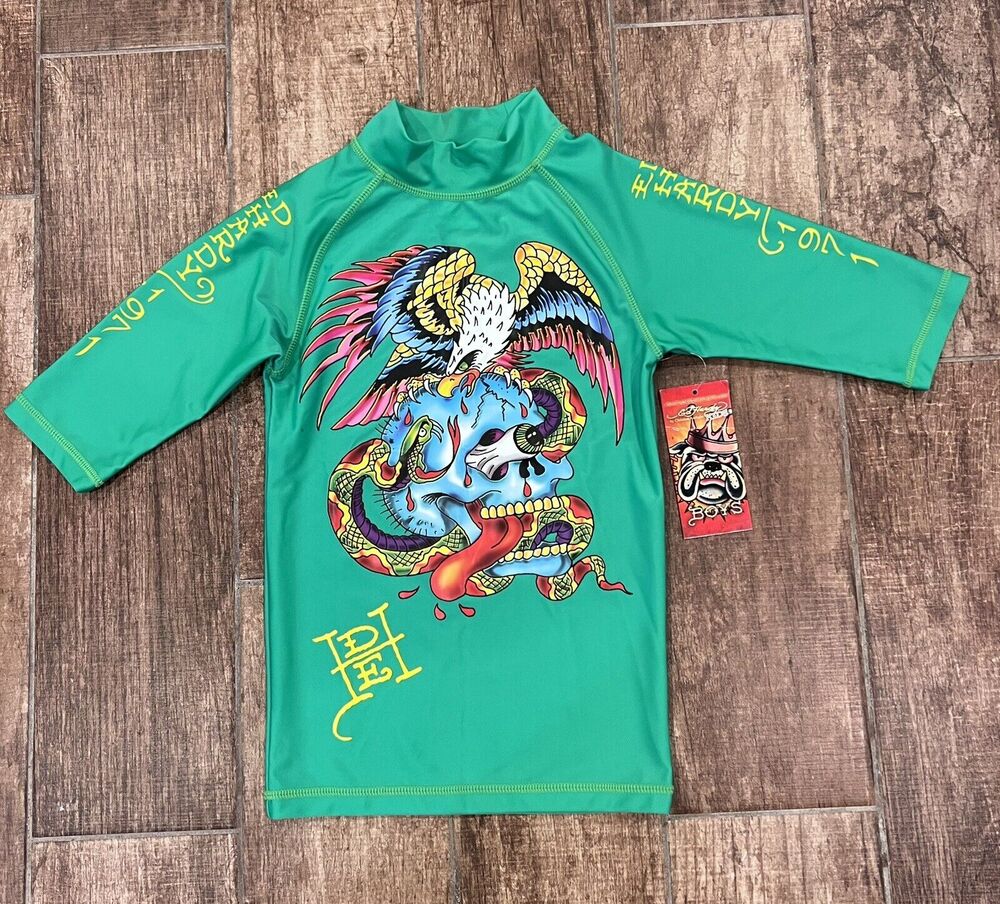 Ed Hardy by Christian Audigier Boys Swim Top Rash Guard Skull Eagle Snake Tatoo